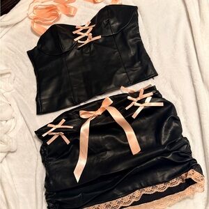 Finesse Studios Black Faux Leather Corset and Skirt Set with Pink Lace